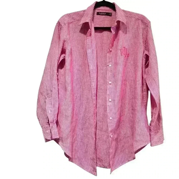 Lauren Ralph Lauren Women Blouse Embroidered Linen Pink Stripe Size S/P #134 - Picture 2 of 11